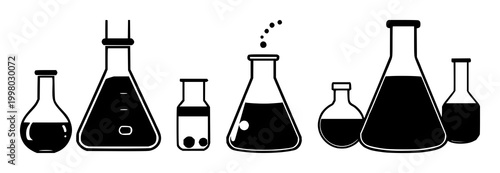 Lab beaker set with solid black icon on white background featuring laboratory flask, chemicals, and syringe with black and white illustration and vector graphic