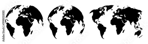 Shipping globe icon set with solid black silhouette on white background featuring shipping, worldwide, global with travel and navigation