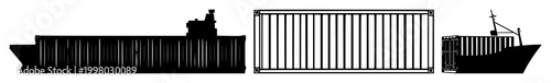 Maritime shipping container set with solid black icon on white background featuring package, logistics, transport with container and cargo