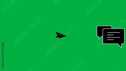 Minimalist communication concept with paper airplane and speech bubbles on green background, simple modern design elements for messaging and dialogue
