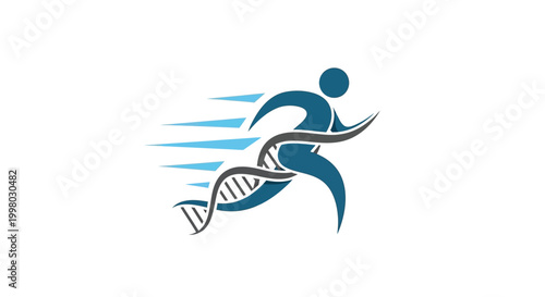 A stylized blue image depicts a running figure integrated with a dna double helix structure