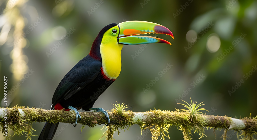 Obraz premium Colorful keel billed toucan perched on mossy branch in tropical rainforest environment side profile.