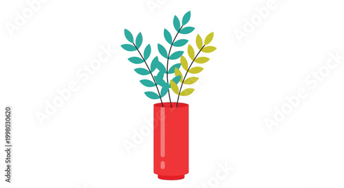 A simple illustration depicts a bright red vase holding colorful branches with green and yellow leaves