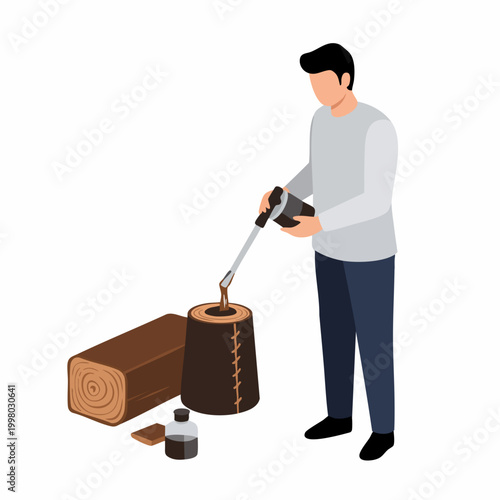 Isometric Flat Design Man Applying Wood Treatment to Lumber Log Material