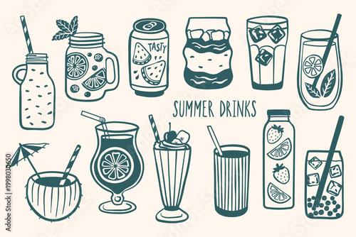 Trendy hand drawn summer drinks collection in doodle outline style. Set includes lemonade, iced coffee, soda can, smoothie, milkshake and bubble tea. Perfect for packaging, menu, stickers and branding