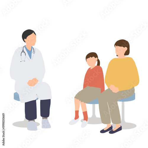 小児科で相談する親子と医師のイラスト シンプルな診察シーン