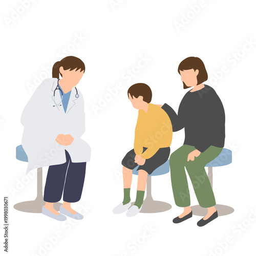 不安な子どもに寄り添う親と医師の相談シーン 小児科受診のイラスト