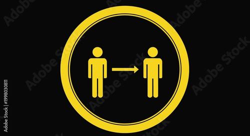 A yellow circular sign depicts two figures with an arrow indicating social distancing measures