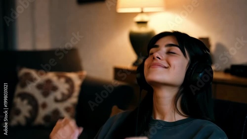 Handheld close up of young woman smiling and relaxing while listening to music on living room couch at night