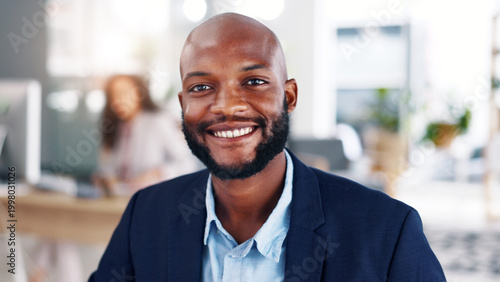 Tableau sur toile Office, portrait and businessman with smile, ambition and real estate agent with career development