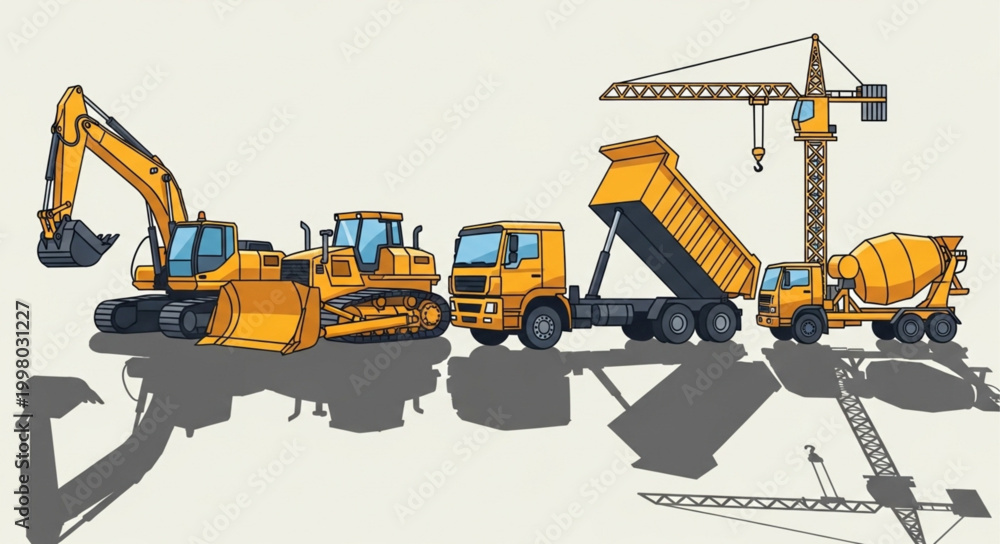 Obraz premium Heavy construction equipment including excavator bulldozer dump truck and crane.