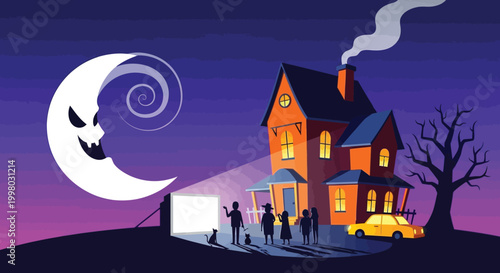 A spooky halloween scene depicts a haunted house crescent moon and silhouetted figures high quality