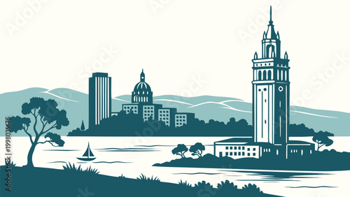 Oakland skyline vector with Tribune Tower and Lake Merritt