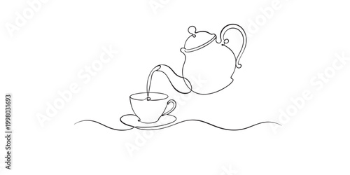 One line drawing of teapot pouring tea into cup. Continuous line of flowing liquid motion. Calm beverage concept. Modern minimalist style. single line art vector illustration.
