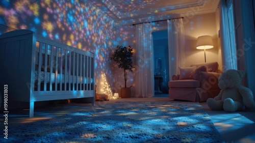 Cozy nursery room with a crib, colorful star projector lighting, a teddy bear, armchair, and warm lighting.