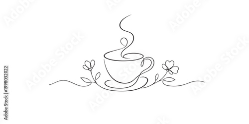 One line drawing of coffee cup with flower. Continuous line of simple still life composition. Cozy lifestyle concept. Modern minimalist style. single line art vector illustration.