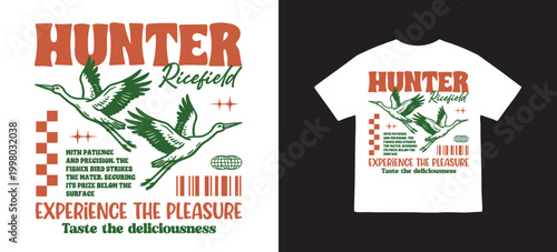 Vector illustration of a hand drawn t-shirt design retro graphic tee with two flying storks and text