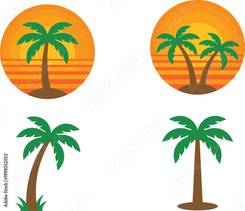 Collection of tropical palm tree icons and summer sunset vector illustrations isolated on white background for travel design projectsCollection of tropical palm tree