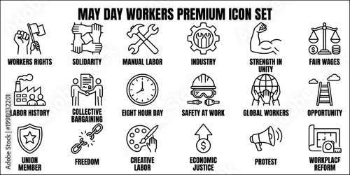 May day and international labour day line art icon set
