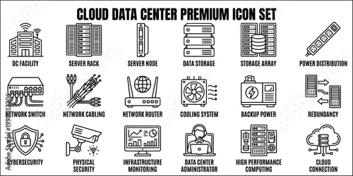 Cloud server network and data center infrastructure line art set