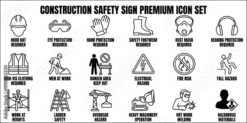 Construction safety and occupational health line art icon set