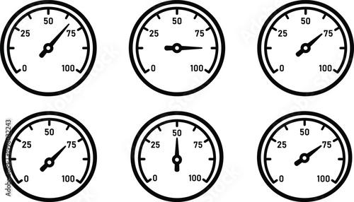 Set of flat line gauge and speedometer icons with different level indicators isolated on white background for dashboard designSet of flat line gauge and speedometer icons with different level 