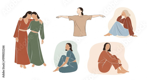 Diverse women in stylish outfits posing in artistic flat illustration style.