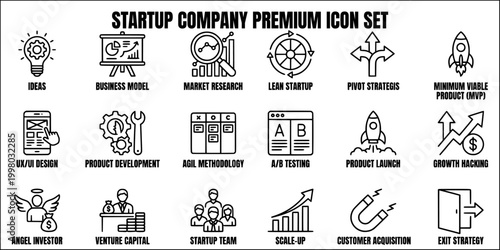 Startup company and business launch line art icon set