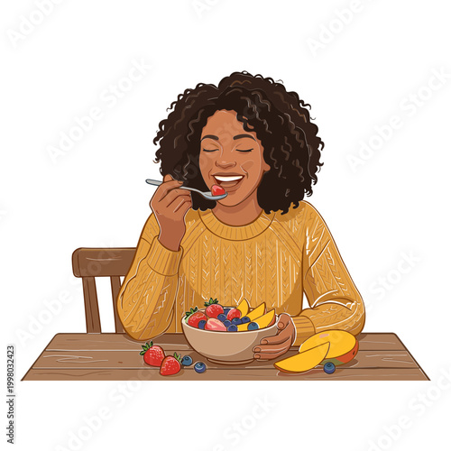 Woman eating fruit salad with a spoon at a table happily smiling