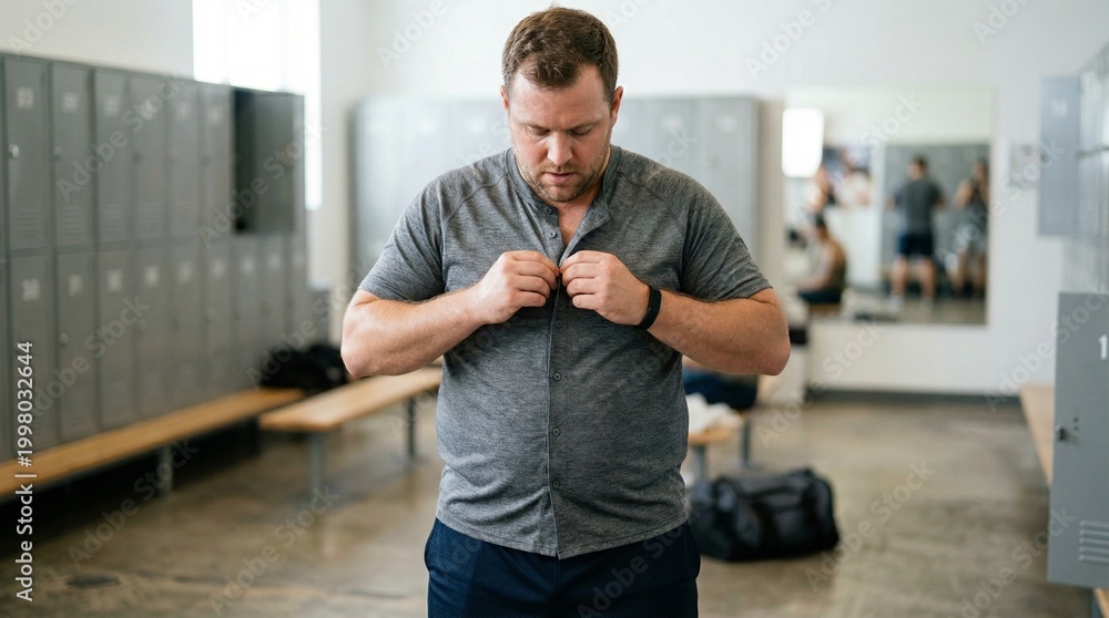 Fototapeta premium Overweight man buttoning his shirt in gym locker room 
