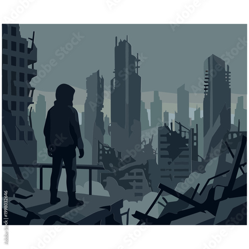 A person stands on rubble overlooking a destroyed cityscape with ruins and debris.