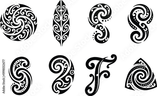 Konstfotografi Set of traditional Maori koru symbols and Polynesian tribal vector ornaments for