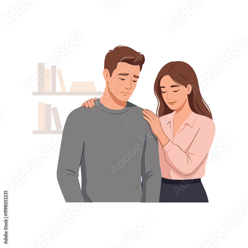 A woman comforts a man standing indoors near a bookshelf.