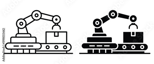 Industrial robotic arm with conveyor belt in simple line art design