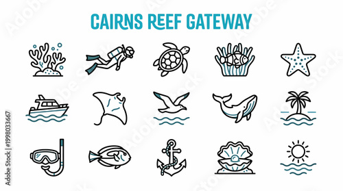 Cairns Reef Gateway Icons: Marine Life, Scuba, Travel & Tropical Vacation