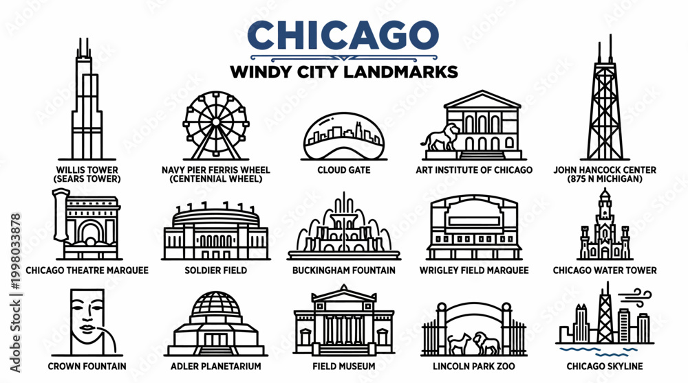 Fototapeta premium Chicago Windy City Landmarks Collection - Vector Icons