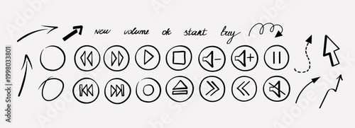 Media player buttons and interface controls sketch. Vector doodle arrows collection with navigation symbols for music video web signs. 
Hand drawn play stop pause volume circles pointers cursors  text