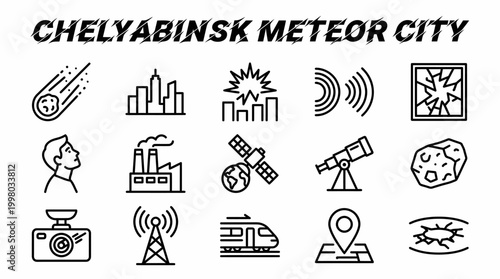 Chelyabinsk Meteor City Icons: Impact, City, Science, Technology