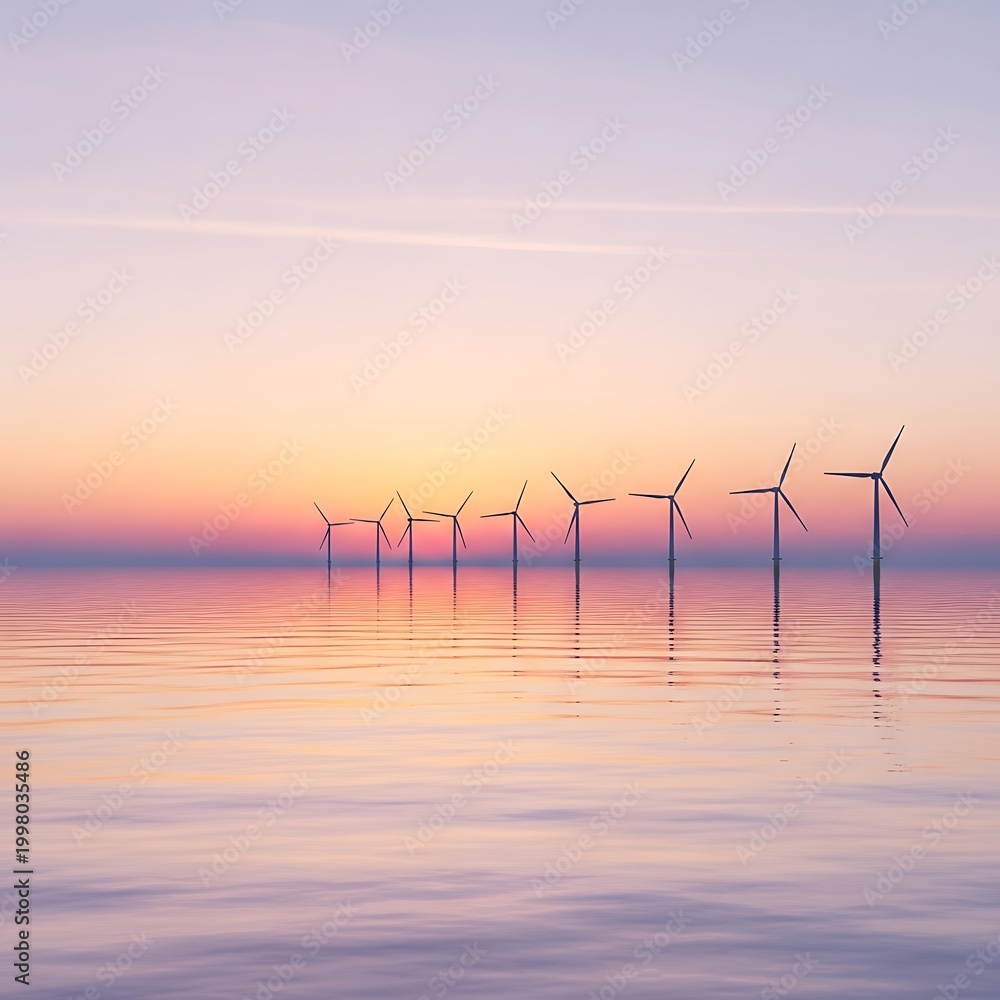 Fototapeta premium Wind turbines in ocean sunset.