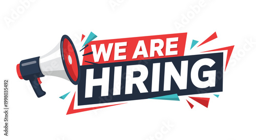 Eye catching we are hiring banner with a megaphone and bold typography for business recruitment and job vacancy announcements in red.