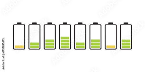Battery level indicators a row of seven batteries showing varying charge levels