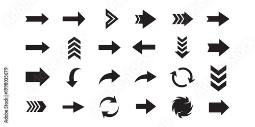 Collection of black arrow icons directional indicators and silhouette designs