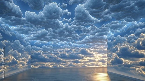 Room with walls and ceiling covered in realistic cloud and sky mural reflecting a sunset on the floor