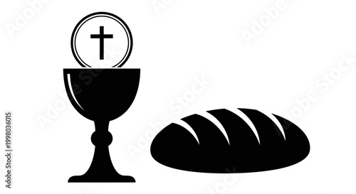 Christian communion, Eucharist symbols, bread and wine, black icons, religious elements
