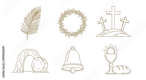 Easter, holy week, Christian icons, symbols, vector set, 6 elements, gold line art
