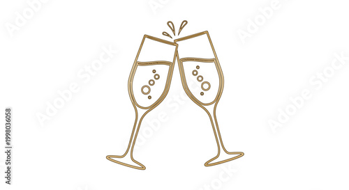Golden champagne glasses, clinking wine glasses, celebration icons, luxury drinkware, vector illustrations