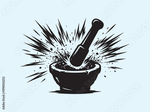 Minimal black icon illustrating high intensity pressure and powder splash for kitchen science educational materials and commercial product testing and safety demonstrations