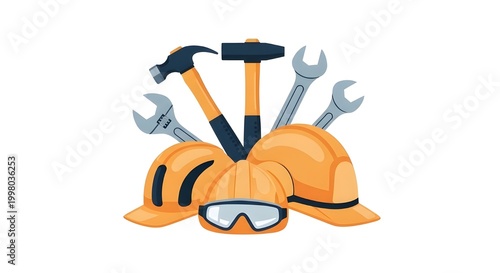 A collection of industrial safety equipment including hard hats, protective goggles, hammers, and wrenches for labor day theme.