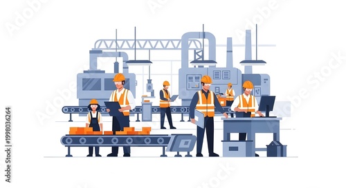 Team of industrial workers operating a production line and conveyor belt in a modern factory setting, celebrating labor efforts.