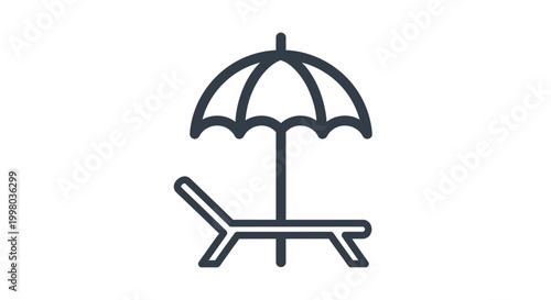 Beach chair, umbrella icon, line art, minimalist design, travel symbol, vector illustration